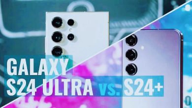 Comparison image of Samsung Galaxy S24+ vs Samsung Galaxy S24 Ultra specs for USA consumers, showing display sizes, camera specs, battery capacities, and 5G support.